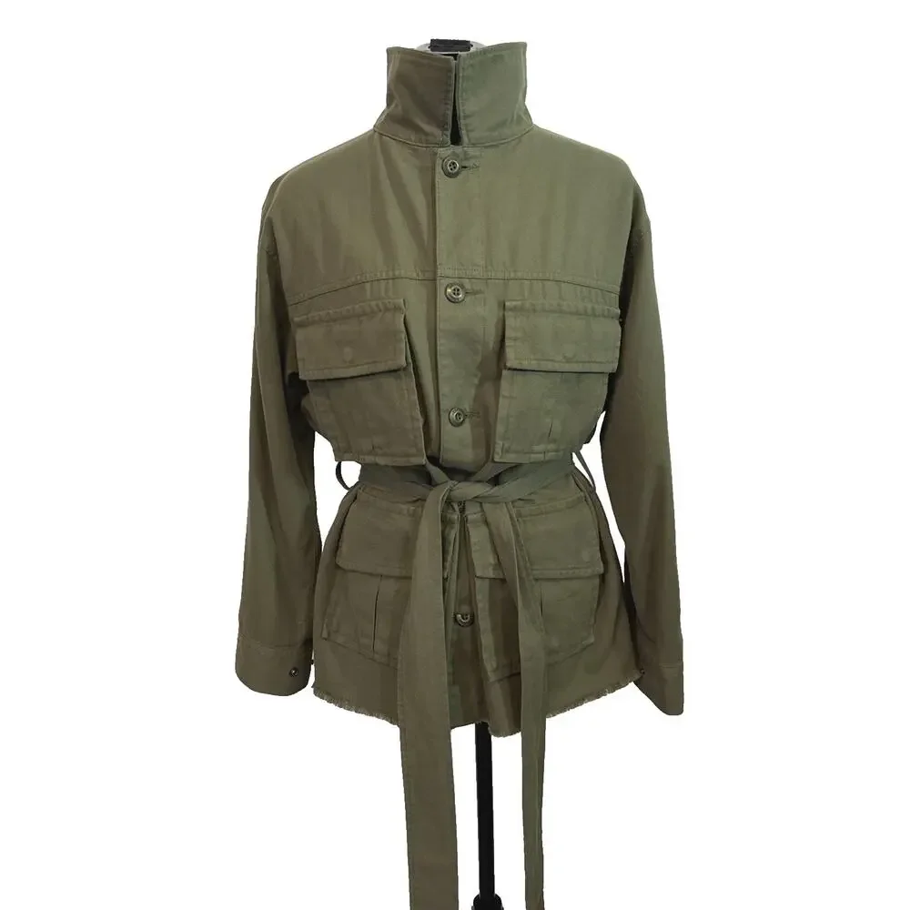 Moussy Olive Green Military Utility Button Front Jacket Logo Belted‎ Size Free